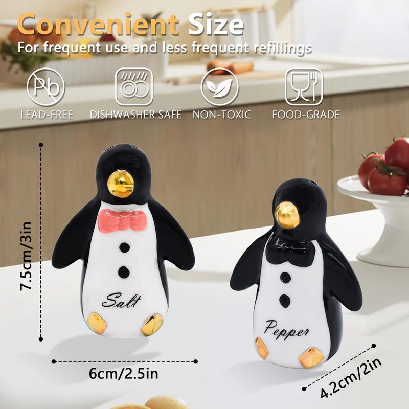 KARALIN Ceramic Cute Salt & Pepper Shaker Sets Tabletop Accessories Kitchen Decor Penguin Design Housewarming with Gift Box (Black & Gold) - Image 2